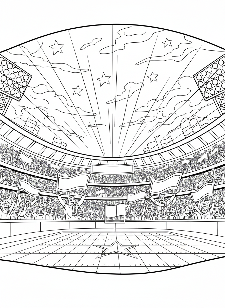 A massive football stadium glowing under intense night lights, filled with layered rows of roaring fans in jerseys and winter scarves, banners waving as anticipation builds before kickoff, the field stretching wide beneath a charged sky buzzing with sound, motion, and championship energy.