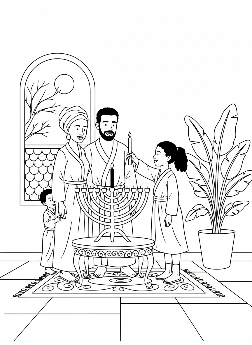 A young girl lighting the black candle on a Kinara while her family watches, simple scene showing the candle-lighting ceremony.