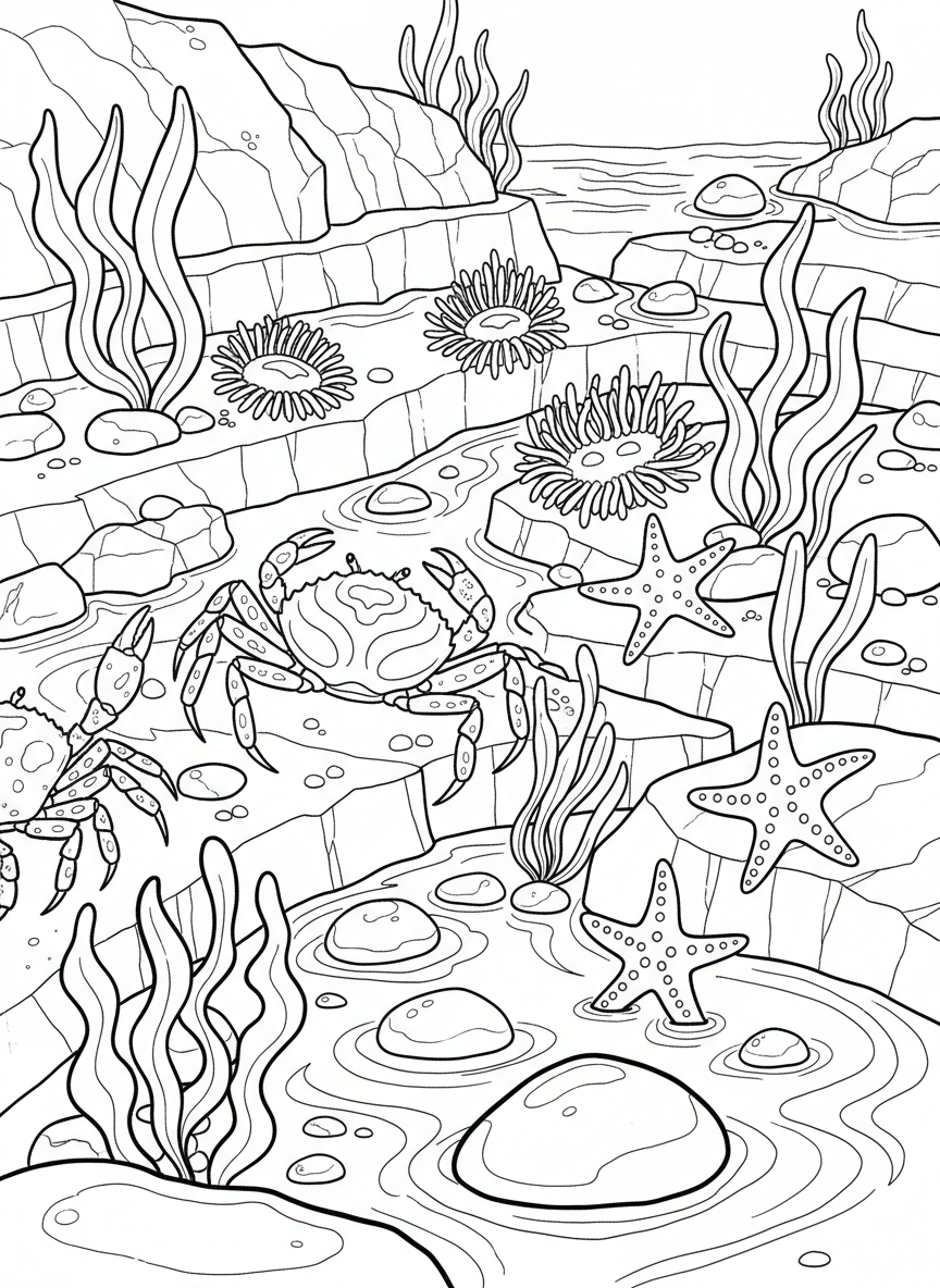 A tide pool ecosystem showing multiple levels with crabs, anemones, starfish, and seaweed all together.