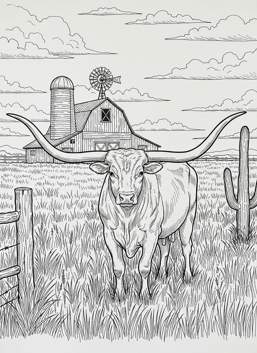 A Texas longhorn cattle with large horns standing in a field with a barn in the distance, western theme