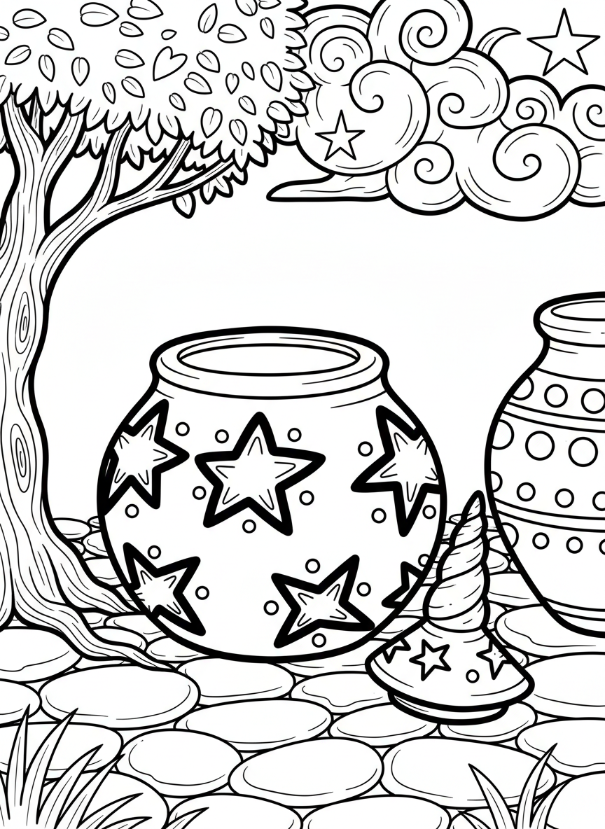 A small unicorn trinket box with a removable horn lid, decorated with stars and dots, pottery style with smooth curves