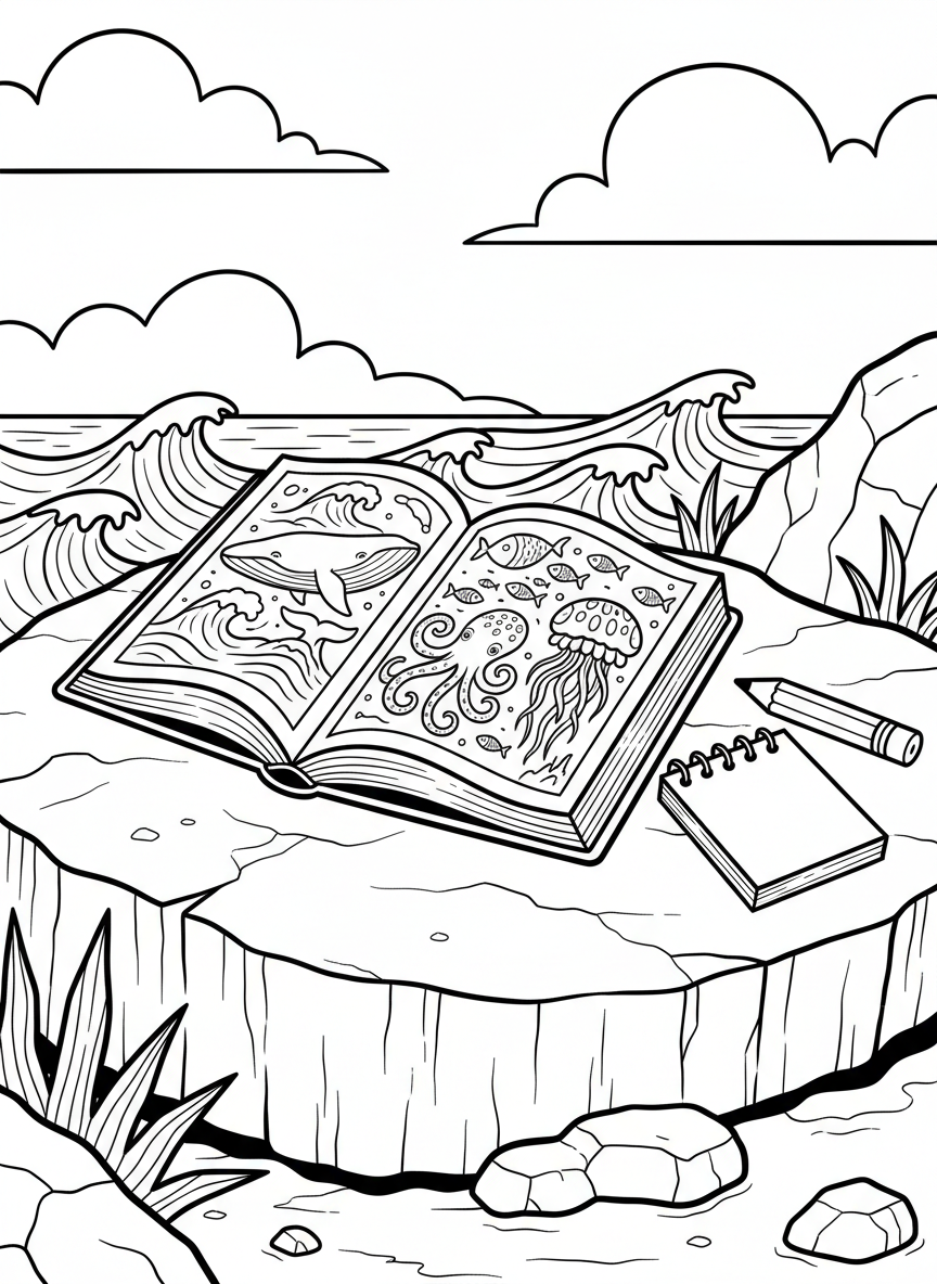 An open field guide book showing illustrated pages of sea creatures, with a pencil and notebook beside it on a flat rock.