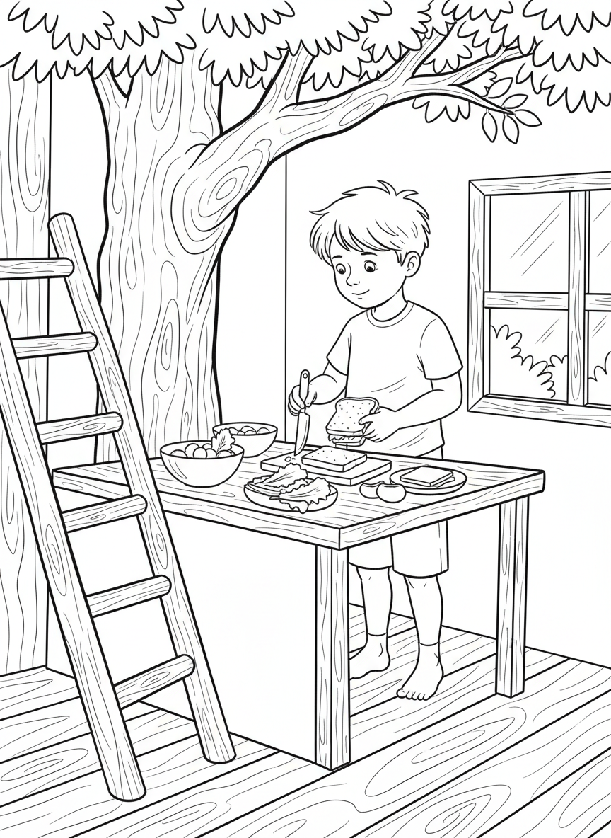 Simple treehouse kitchen scene with a young boy making sandwiches at a wooden counter with a ladder visible below.