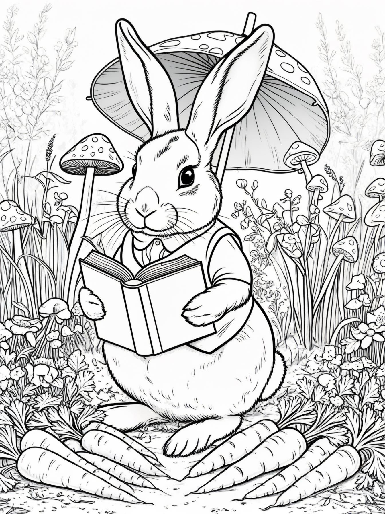 A rabbit wearing a vest, sitting in a garden surrounded by carrots and flowers, reading a book under a mushroom umbrella.