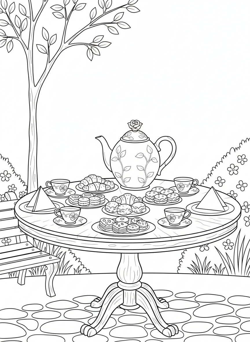 Tea party table from above showing arranged teacups, plates with pastries, folded napkins, and a centerpiece teapot