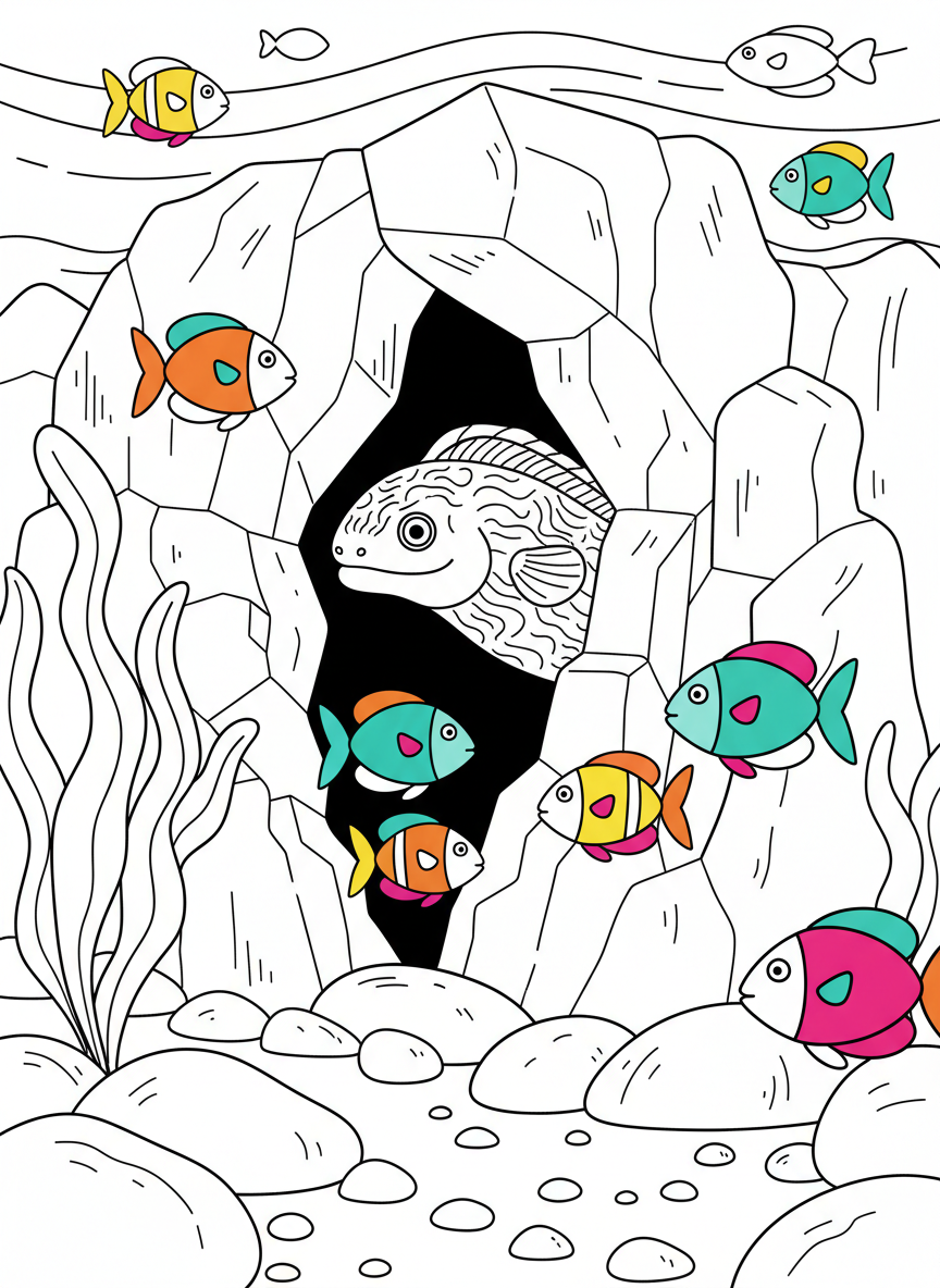 An eel peeking out from a crevice in the cave wall while colorful fish swim past in the foreground