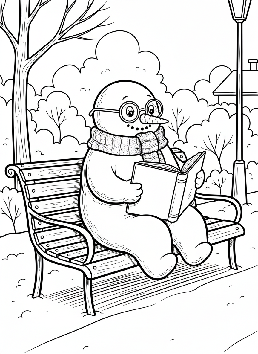 A snowman sitting on a park bench reading a book, wearing round glasses and a cozy knitted scarf around its neck.