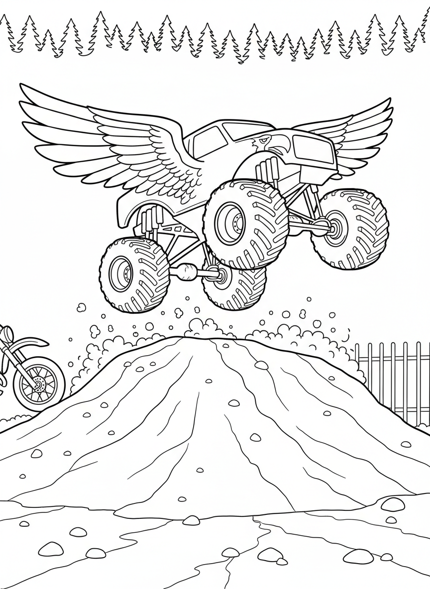 A monster truck with eagle wing designs soaring through the air over a dirt mound