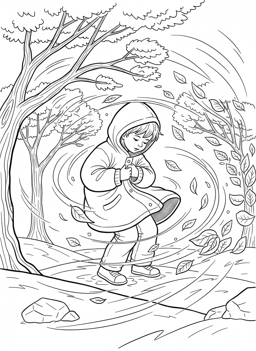 A child wearing a jacket in a windy scene, leaves blowing around, simple trees in background, dynamic but clear shapes, clean bold outlines, no text, no logos