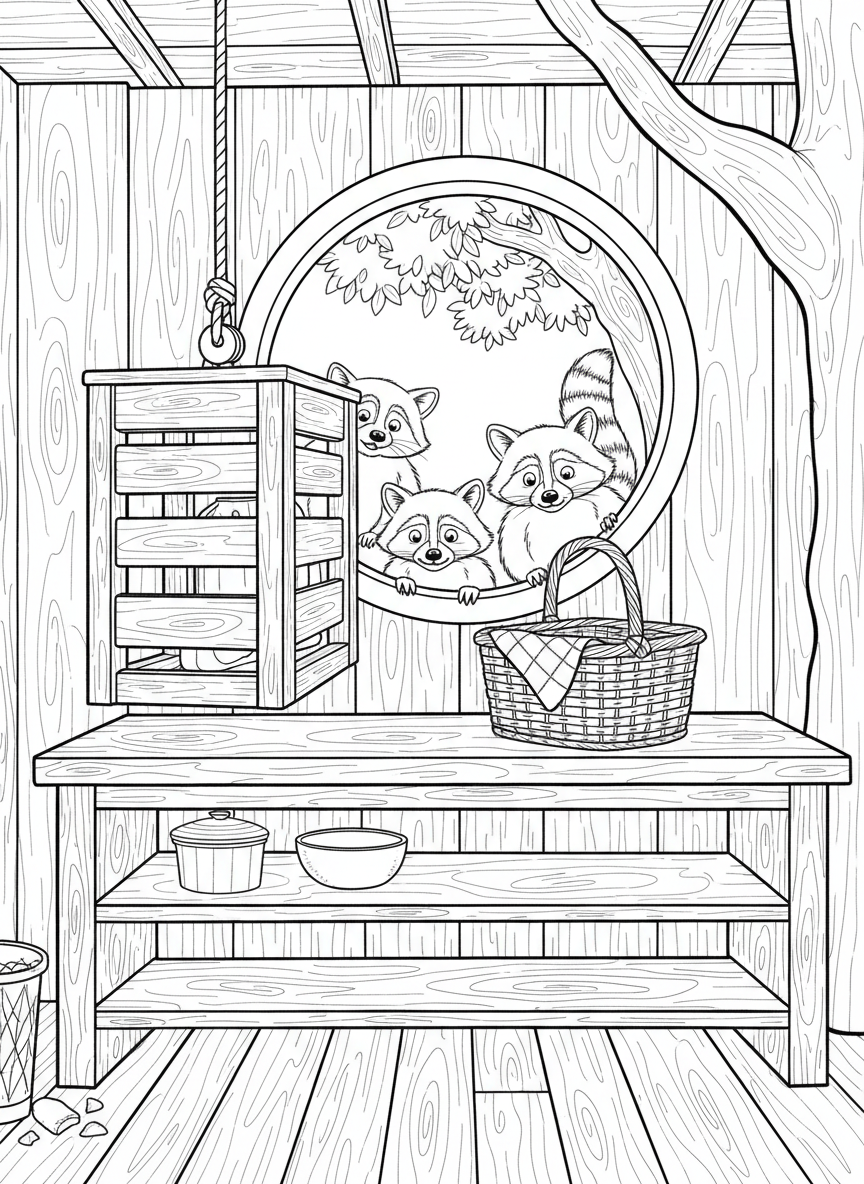 A treehouse kitchen with a dumbwaiter system, picnic basket, and a family of raccoons peeking in curiously from outside.