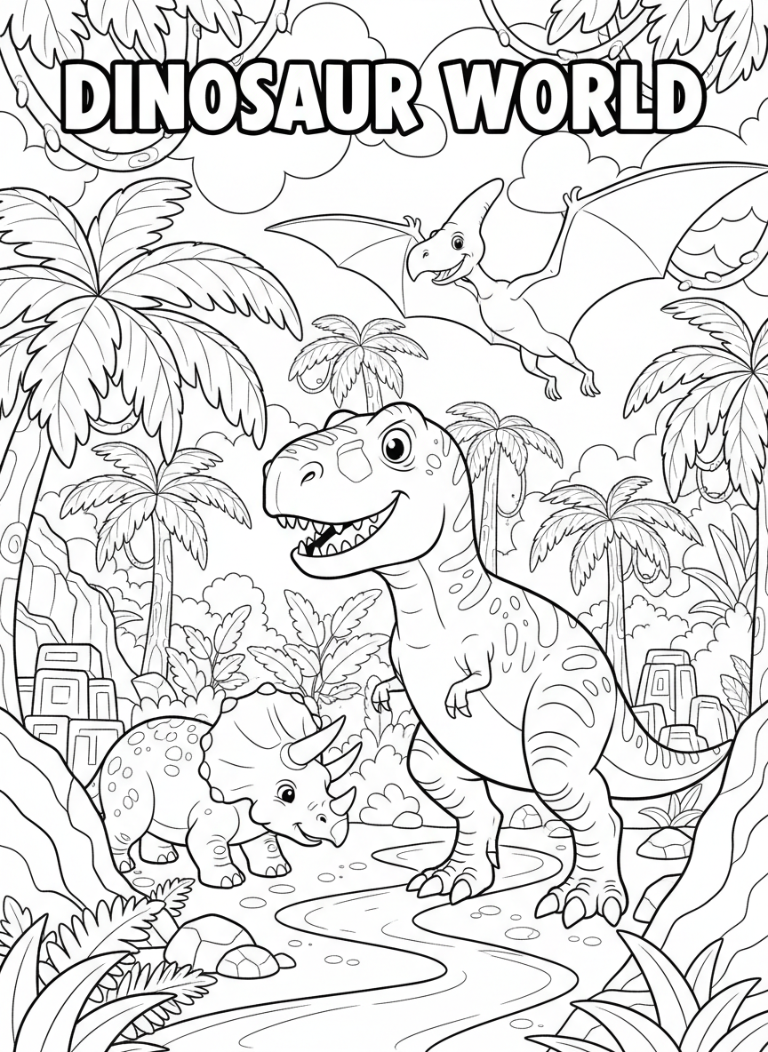 Dinosaur world coloring book cover, full-color illustration with friendly cartoon T-Rex, triceratops, and pterodactyl in a jungle. Title-safe area at top.