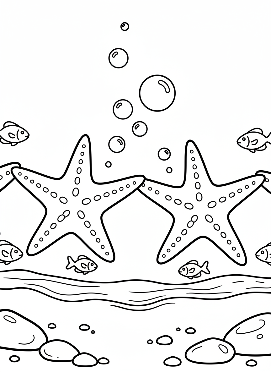 Two starfish holding hands with their arms, floating in shallow water with bubbles and small fish swimming nearby, whimsical scene.