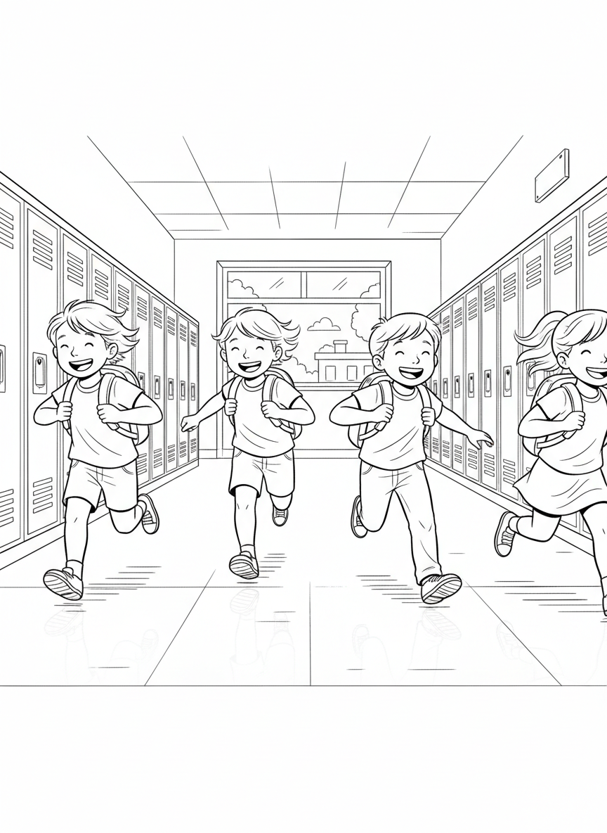 Kids running through a school hallway with lockers on both sides, backpacks bouncing, pure excitement and energy