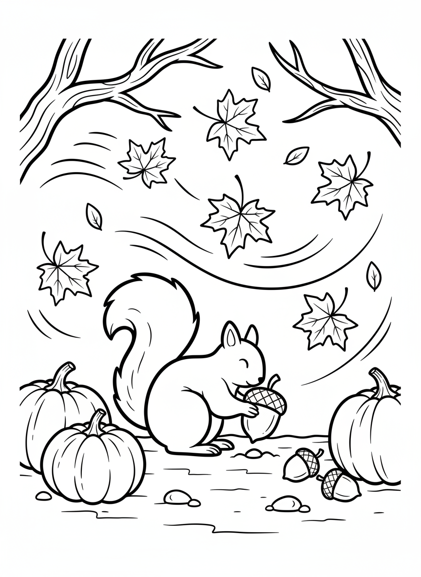 Autumn leaves falling from tree branches with a squirrel gathering acorns, pumpkins on the ground, and a gentle breeze illustrated with curved lines.