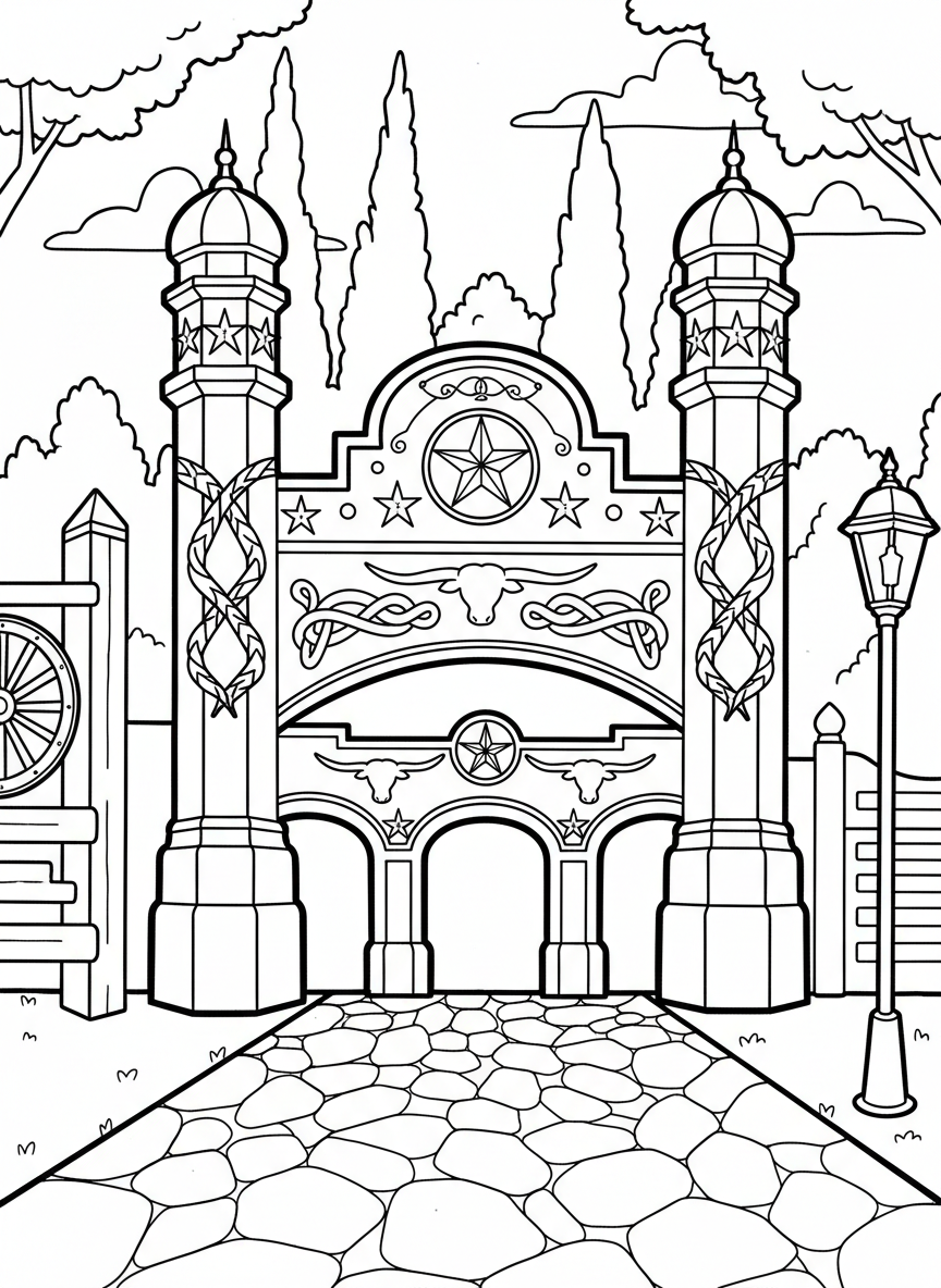 The iconic Houston rodeo entrance gate with stars and western decorations, architectural detail coloring page