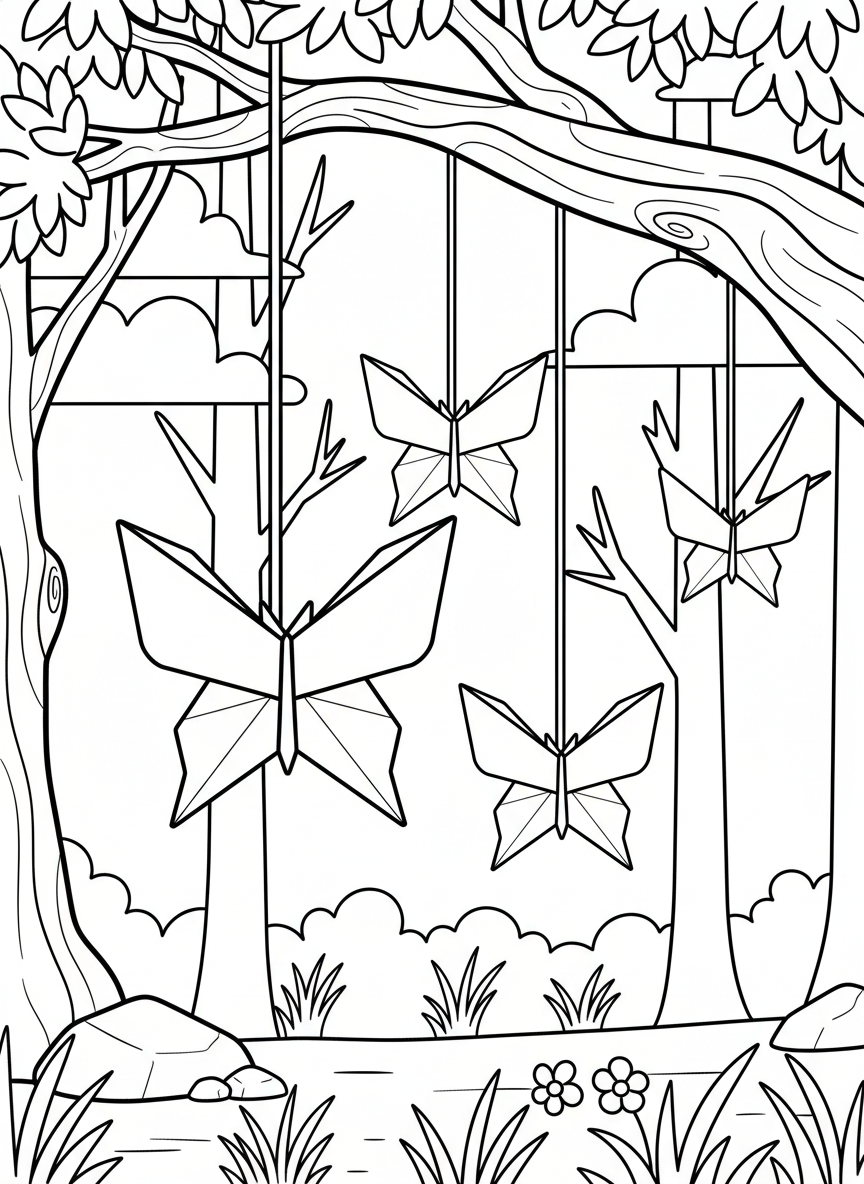 An origami butterfly mobile scene with four butterflies hanging at different heights connected by strings and a branch
