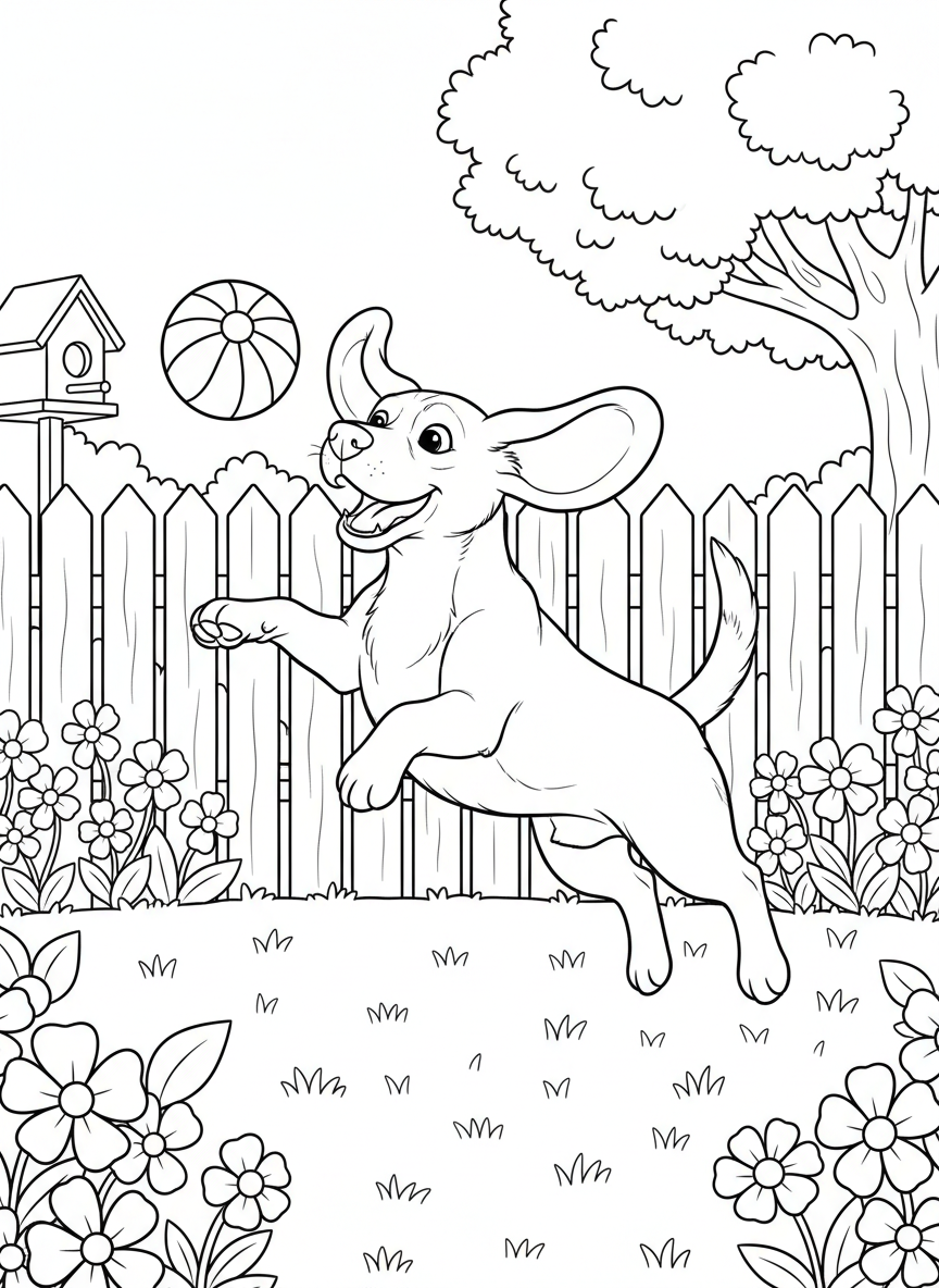 A friendly beagle dog playing with a ball in a backyard with a fence and flowers in the background.