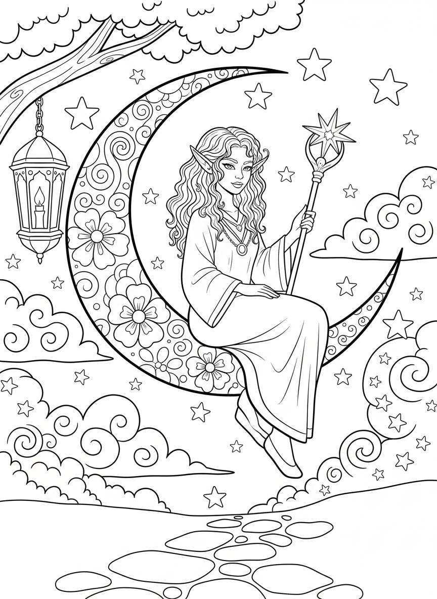 An elf-like creature with long ears sitting on a crescent moon surrounded by stars, whimsical nighttime scene coloring page