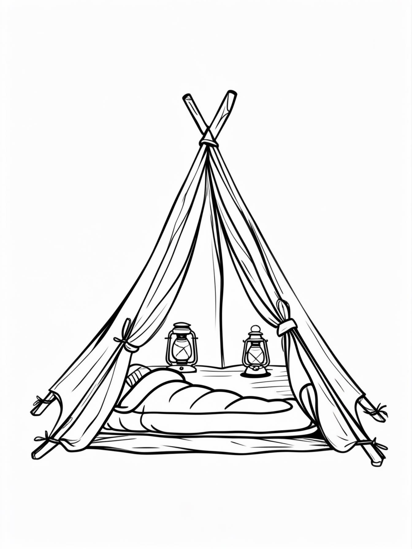 Cozy Tent: A classic triangular tent with the flap open, revealing a cozy sleeping bag and a lantern glowing inside.