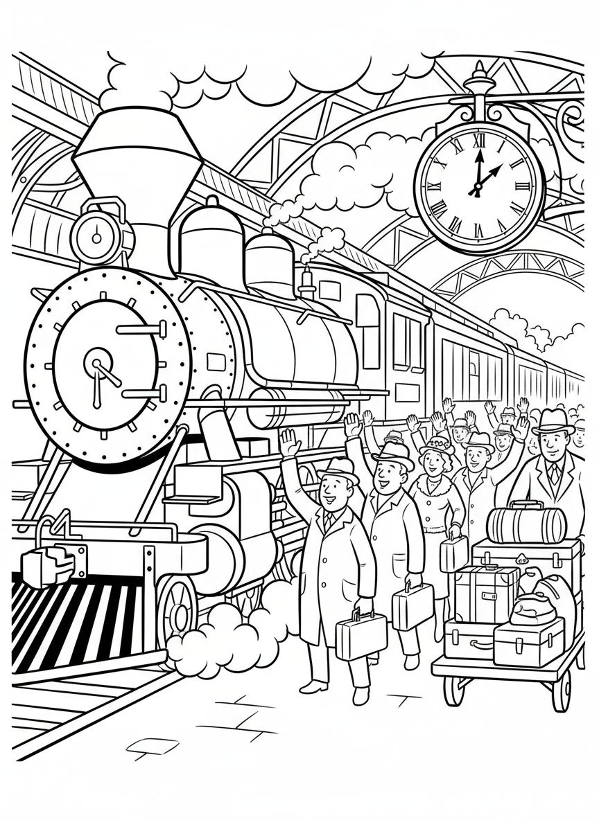 A vintage locomotive at a busy train station platform with passengers waving, luggage carts, and a station clock in the background