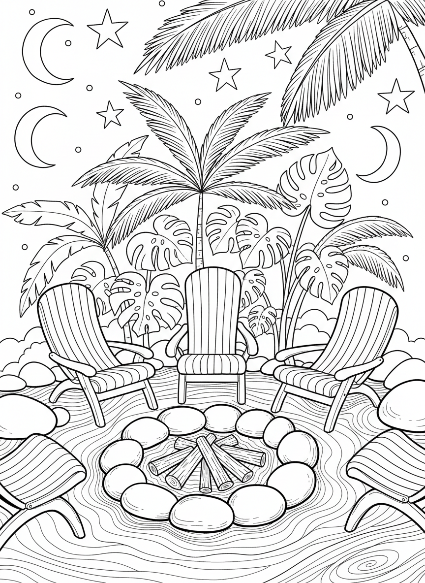 A beach bonfire circle made of stones with driftwood, surrounded by beach chairs and tropical plants under a starry sky.