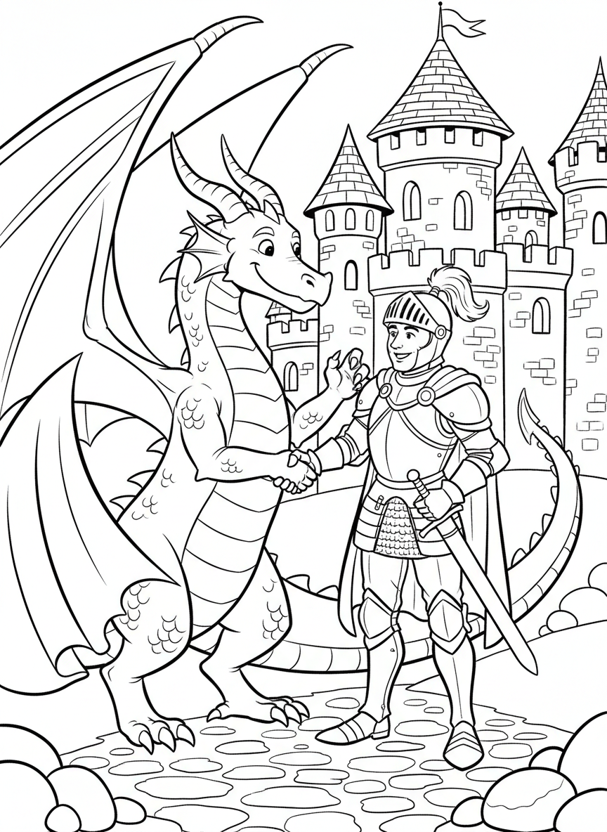A dragon and a knight shaking hands in friendship in front of a castle, both smiling in a peaceful scene.