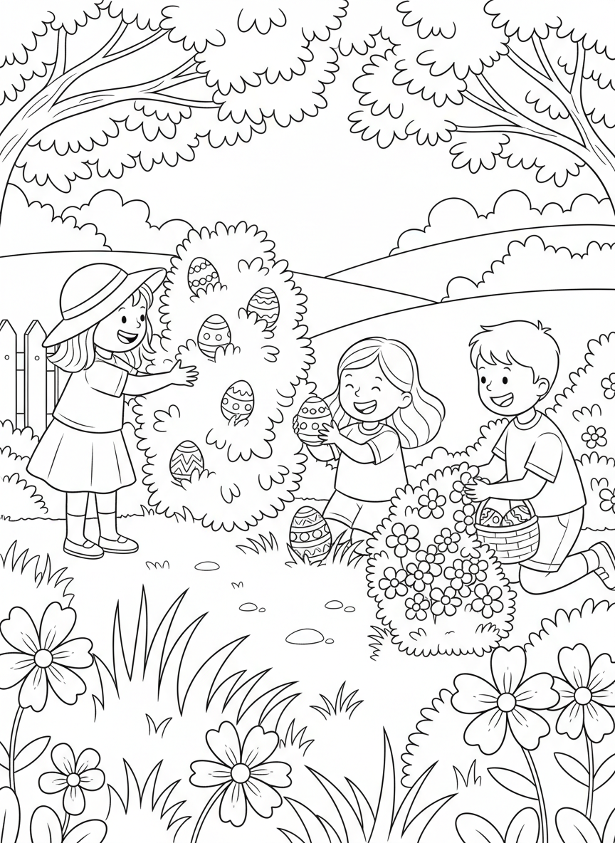 Easter Egg Hunt coloring page prompts featuring playful outdoor searches, colorful eggs, and joyful springtime fun.	A garden dotted with colorful eggs tucked beneath bushes and flowers, ready to be discovered.