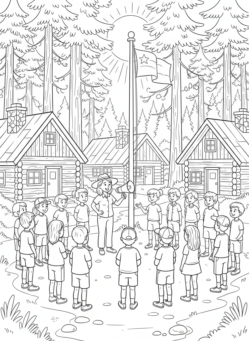 Summer Camp coloring page prompts capturing outdoor fun, friendships, cabins, and memorable childhood adventures.	Children gathered around a flagpole during morning announcements, sunlight filtering through tall pines.