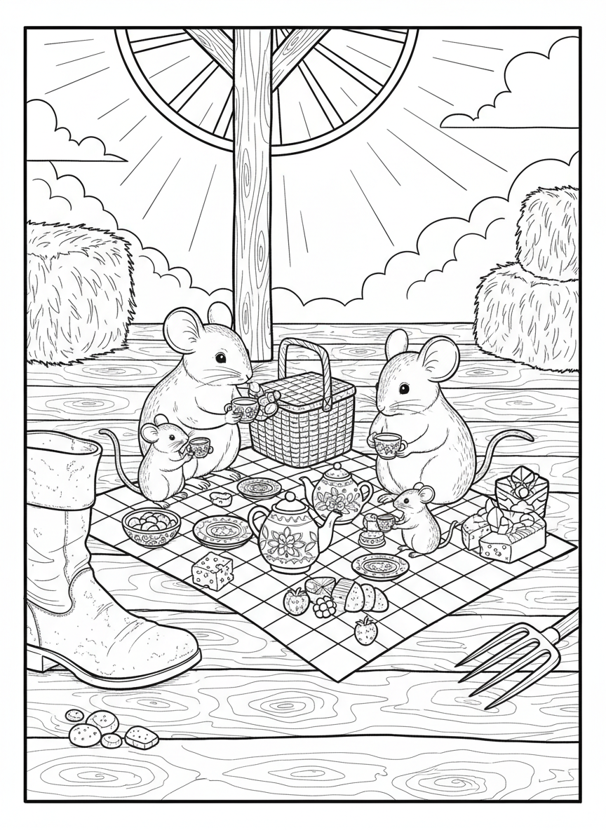 A mouse family having a picnic using tiny pottery dishes on a barn floor, intricate details for advanced coloring