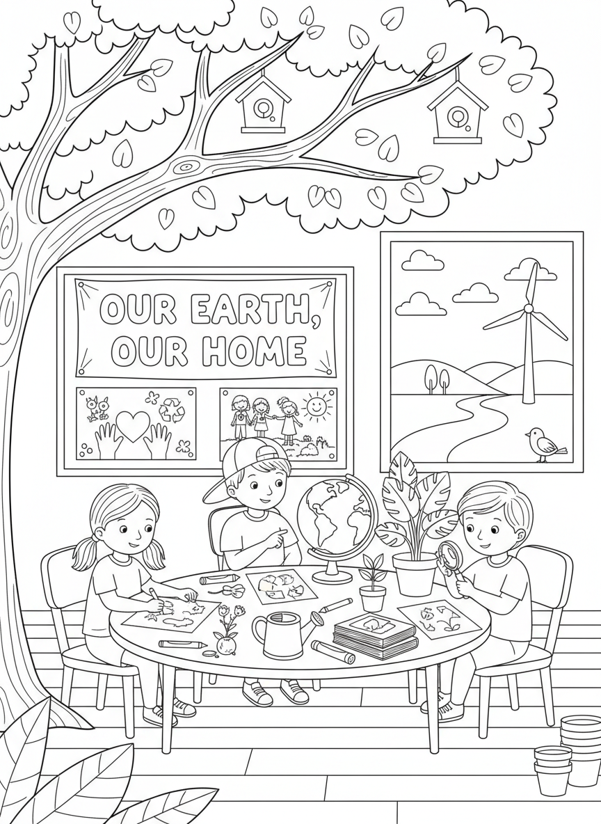 Earth Day coloring page prompts celebrating environmental awareness, nature care, and community action.	A classroom activity focused on nature and conservation, students engaged and curious.