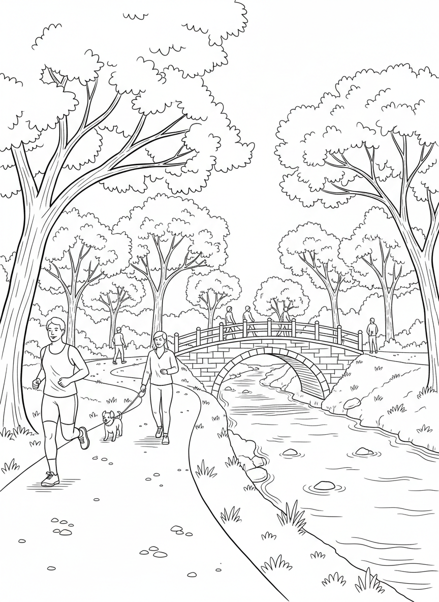 A peaceful scene of people walking and jogging on a tree-lined greenway trail with a small bridge crossing over a stream.