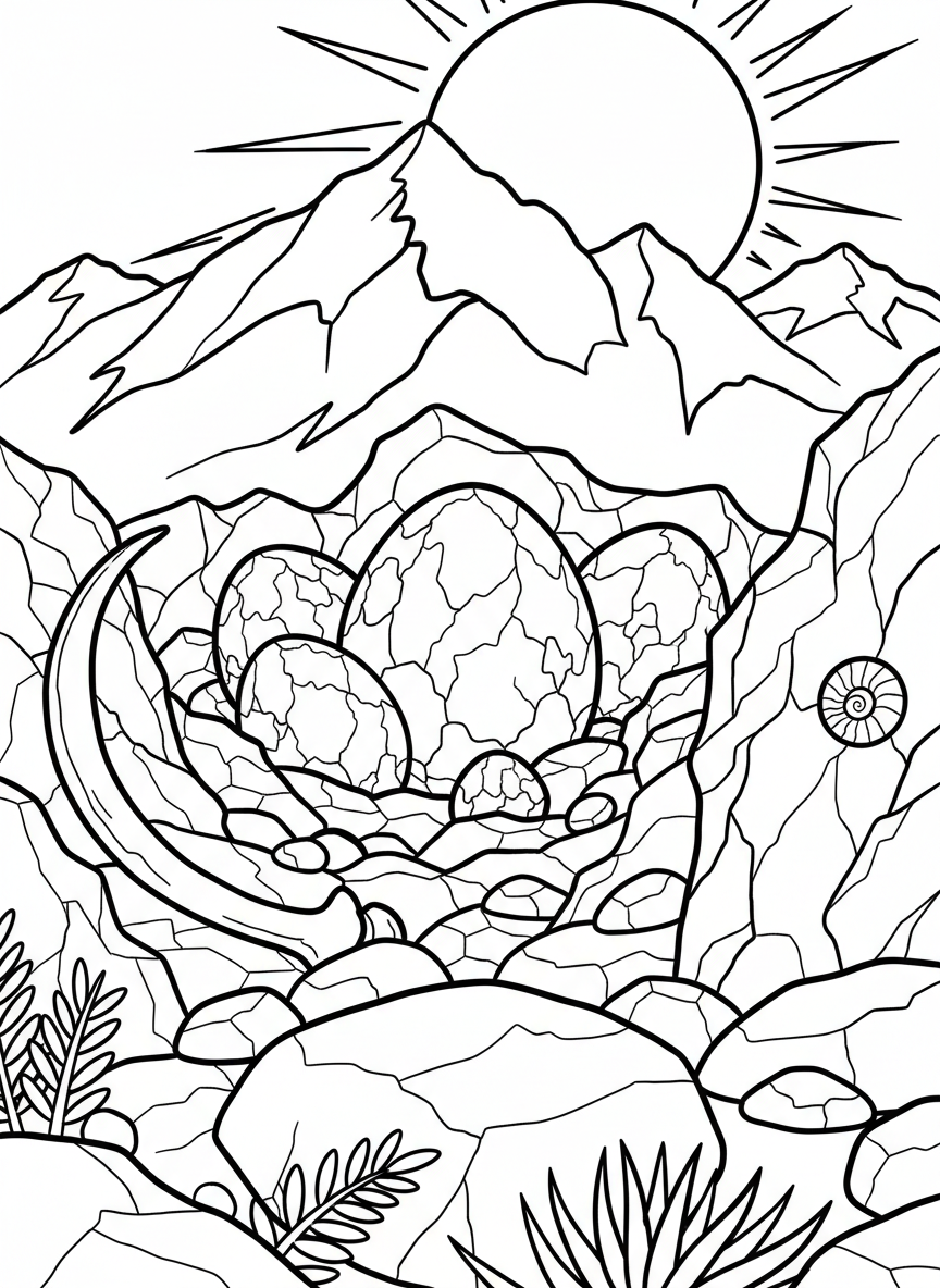 A fossilized dinosaur egg nest with several round eggs partially buried in sediment and rock