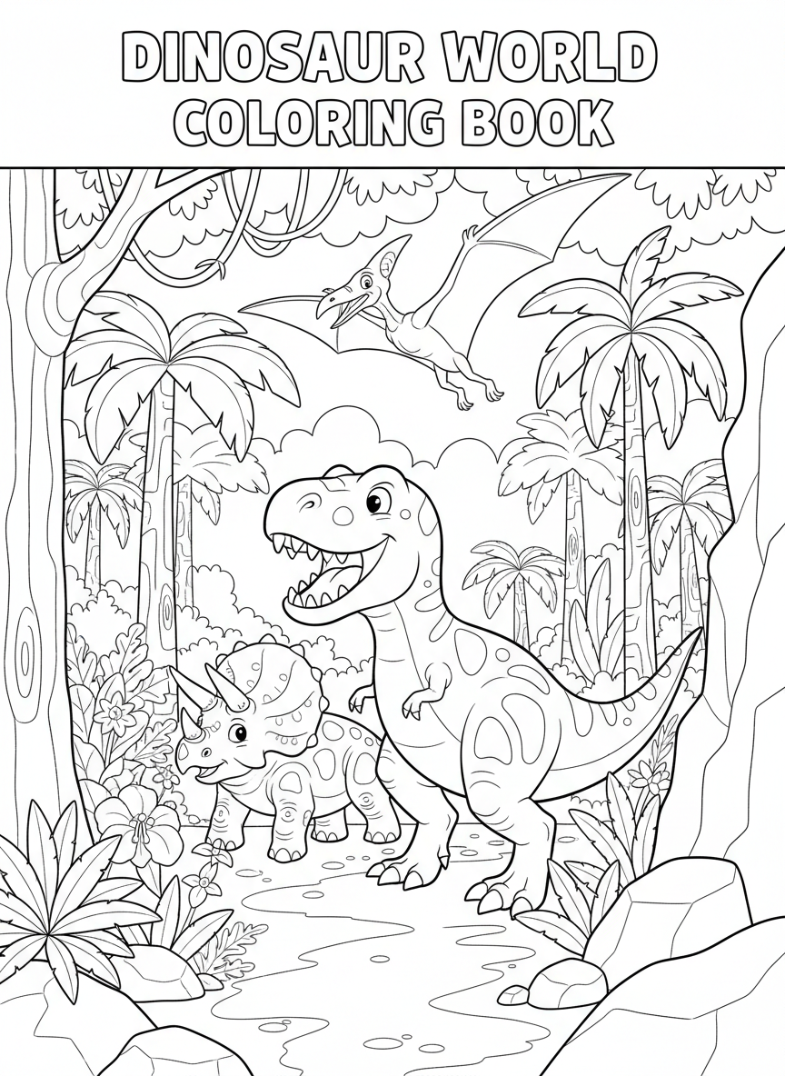 Dinosaur world coloring book cover, full-color illustration with friendly cartoon T-Rex, triceratops, and pterodactyl in a jungle. Title-safe area at top.