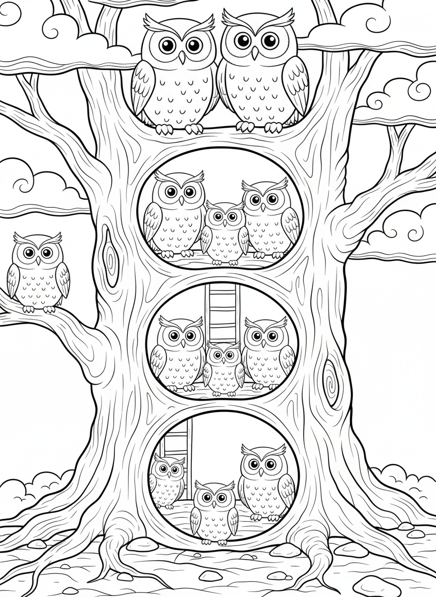 An owl family tree showing parent owls and babies in a large hollow tree trunk with multiple levels