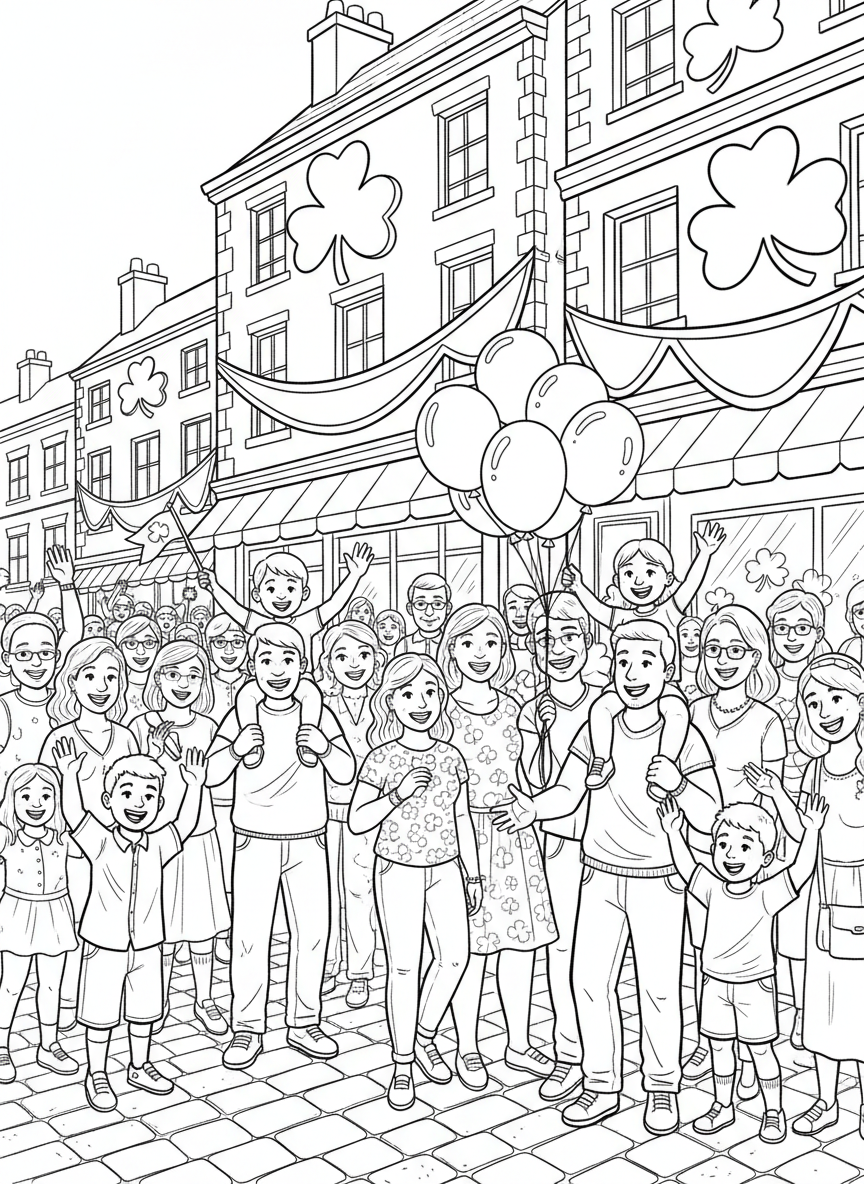 Families lining the parade route waving flags and holding balloons, with buildings decorated with shamrocks behind them.