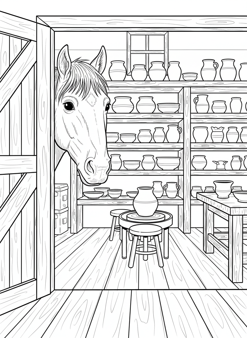 A horse peeking into a pottery barn studio with clay pots drying on shelves, wide barn interior scene