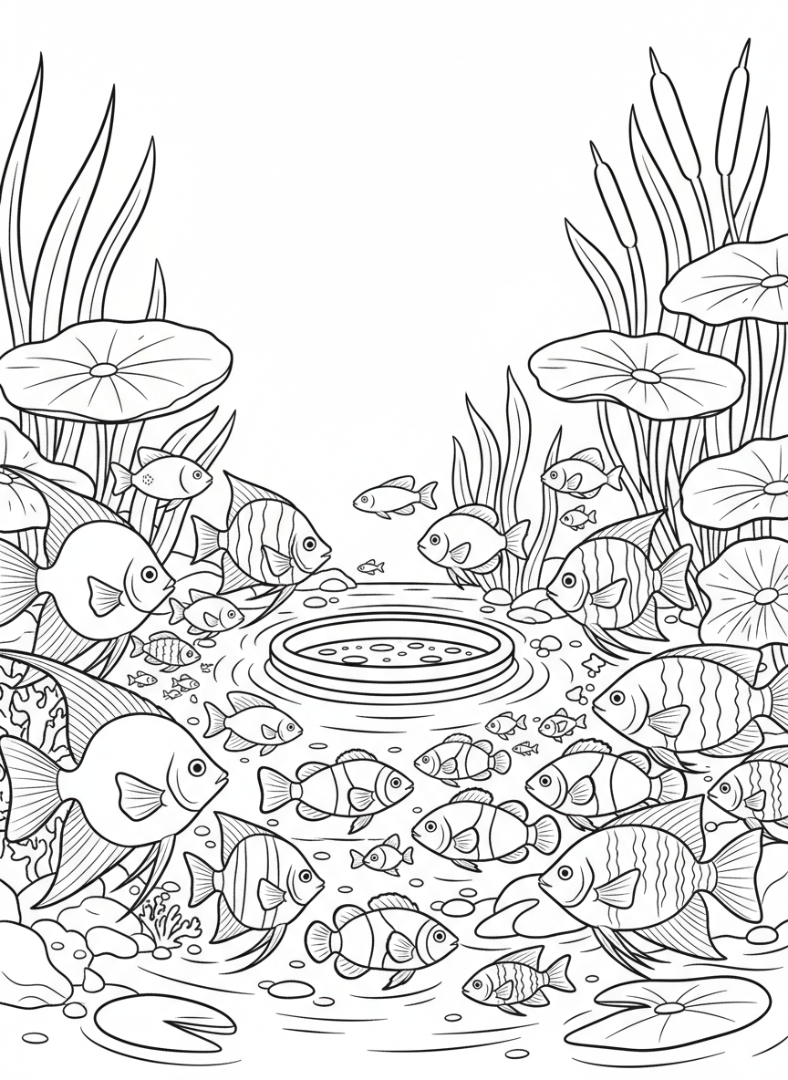 A group of different tropical fish gathered around a feeding ring at water surface with plants below, busy scene