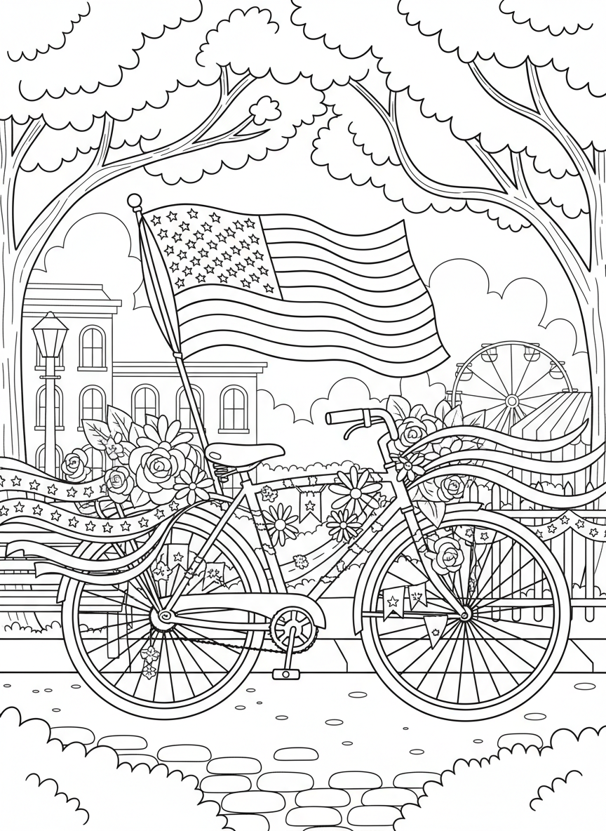 A vintage-style bicycle decorated with patriotic streamers, flags, and flowers for an Independence Day parade.