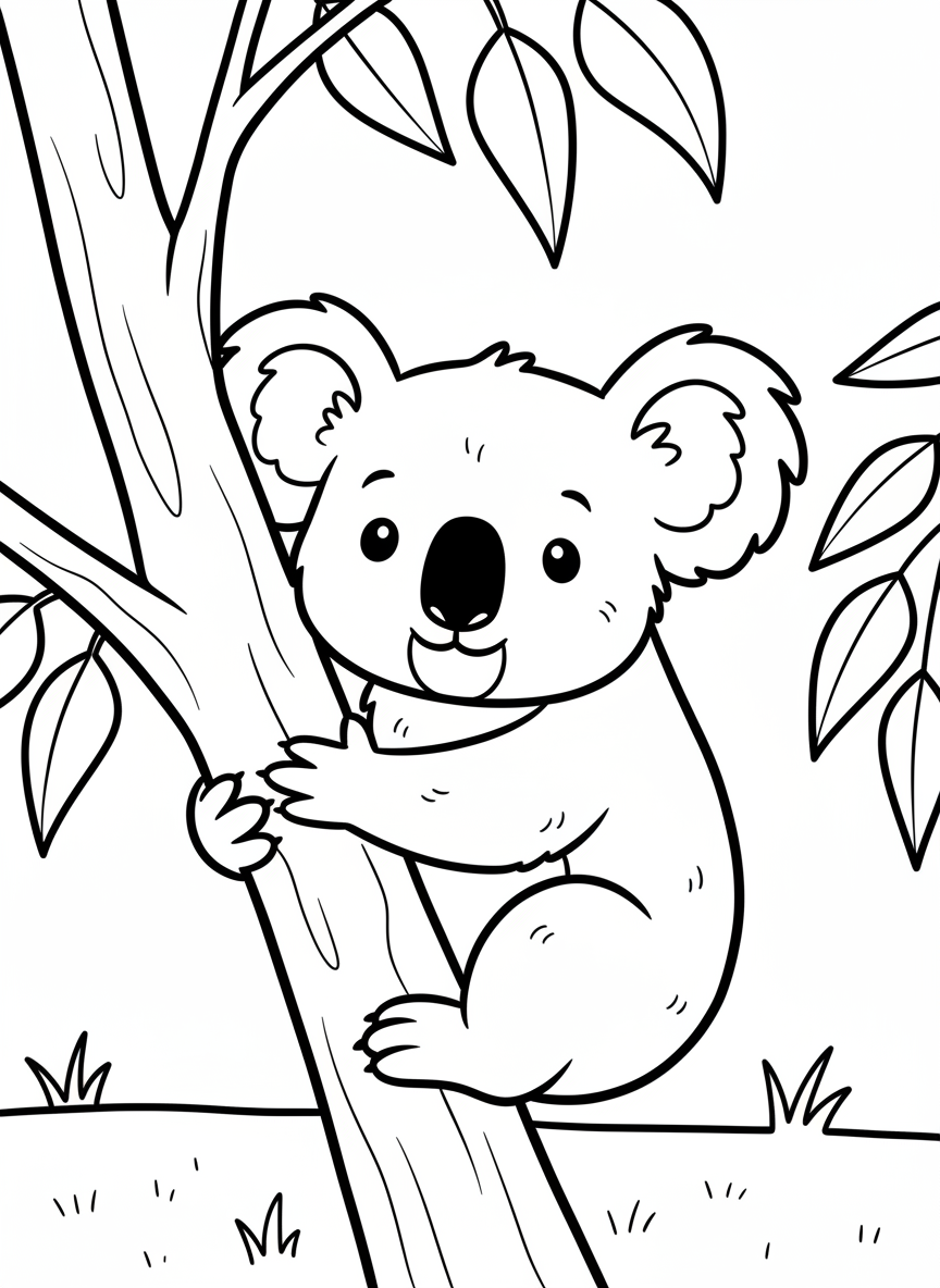 A friendly koala hugging a eucalyptus tree branch, with large round ears and a button nose, simple line art for young children.