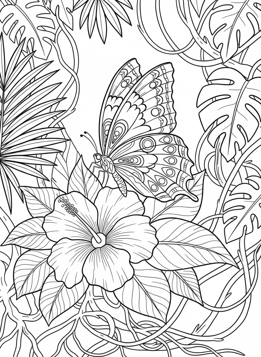 A butterfly with large patterned wings resting on a tropical flower, surrounded by rainforest plants and vines.