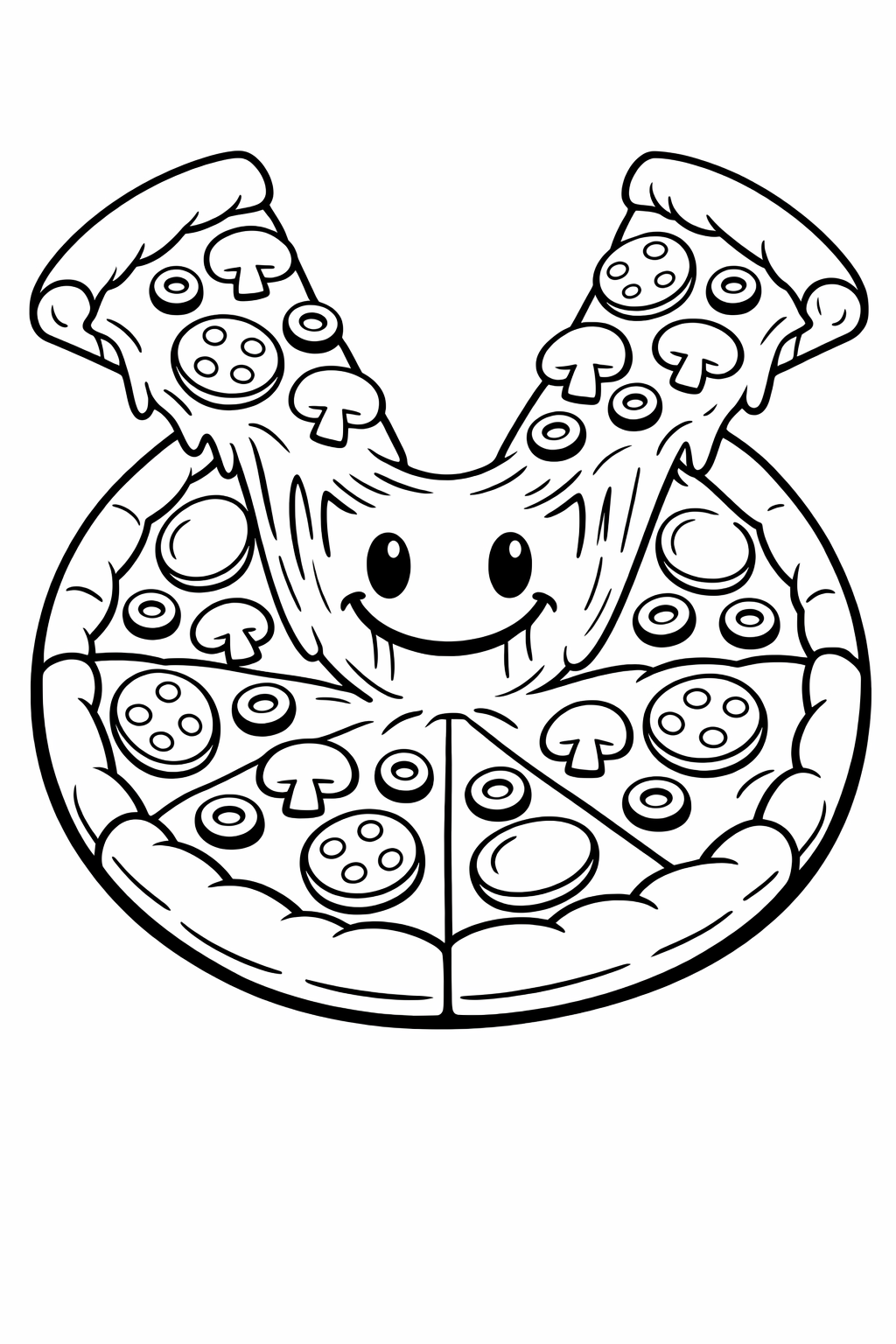 Cheesy Friends: A whole pizza where the cheese is stretching between two slices being pulled apart, forming a smiley face string.