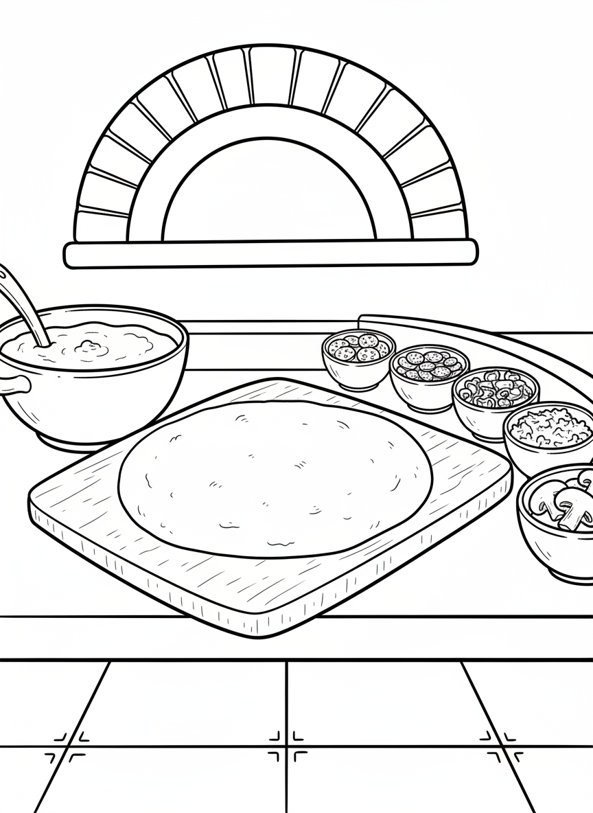 A pizza-making station showing dough, sauce bowl, and various topping ingredients in separate containers, overhead view