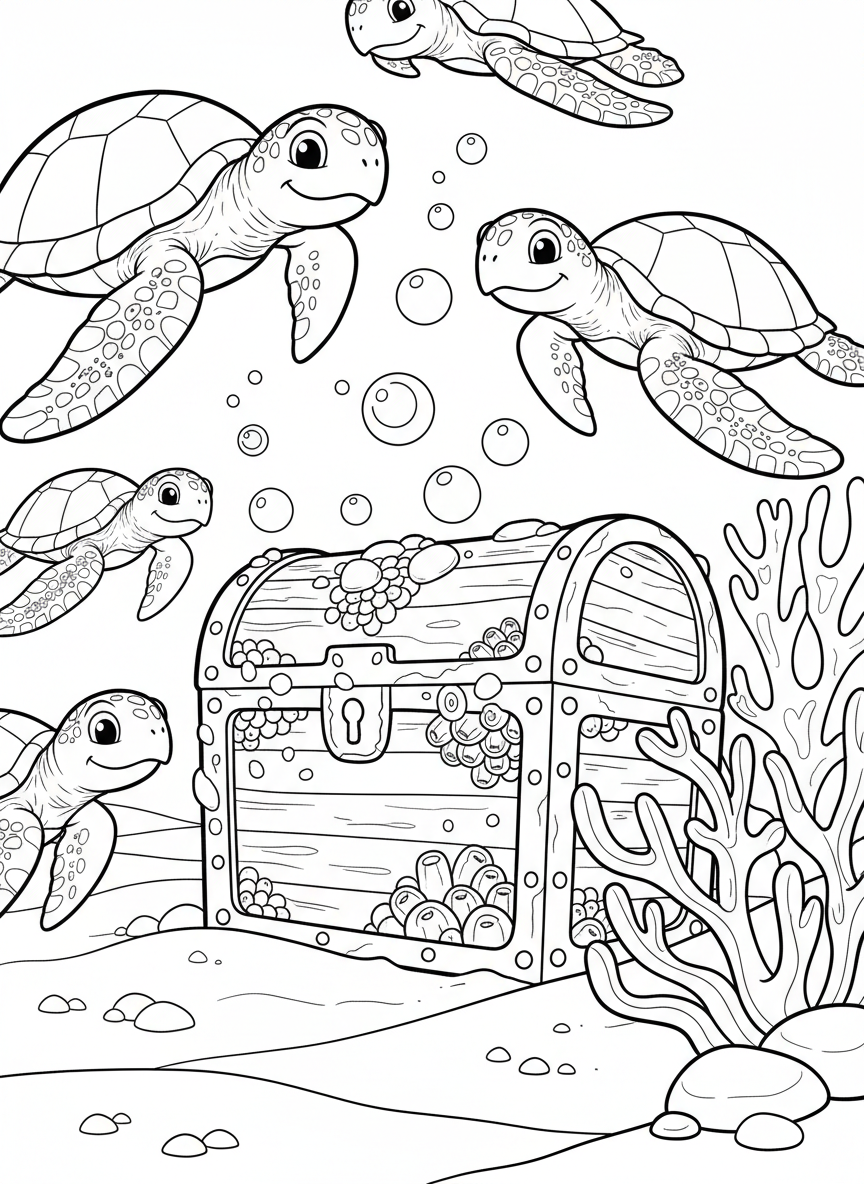 A group of friendly sea turtles swimming around an ancient treasure chest covered in barnacles on the ocean floor
