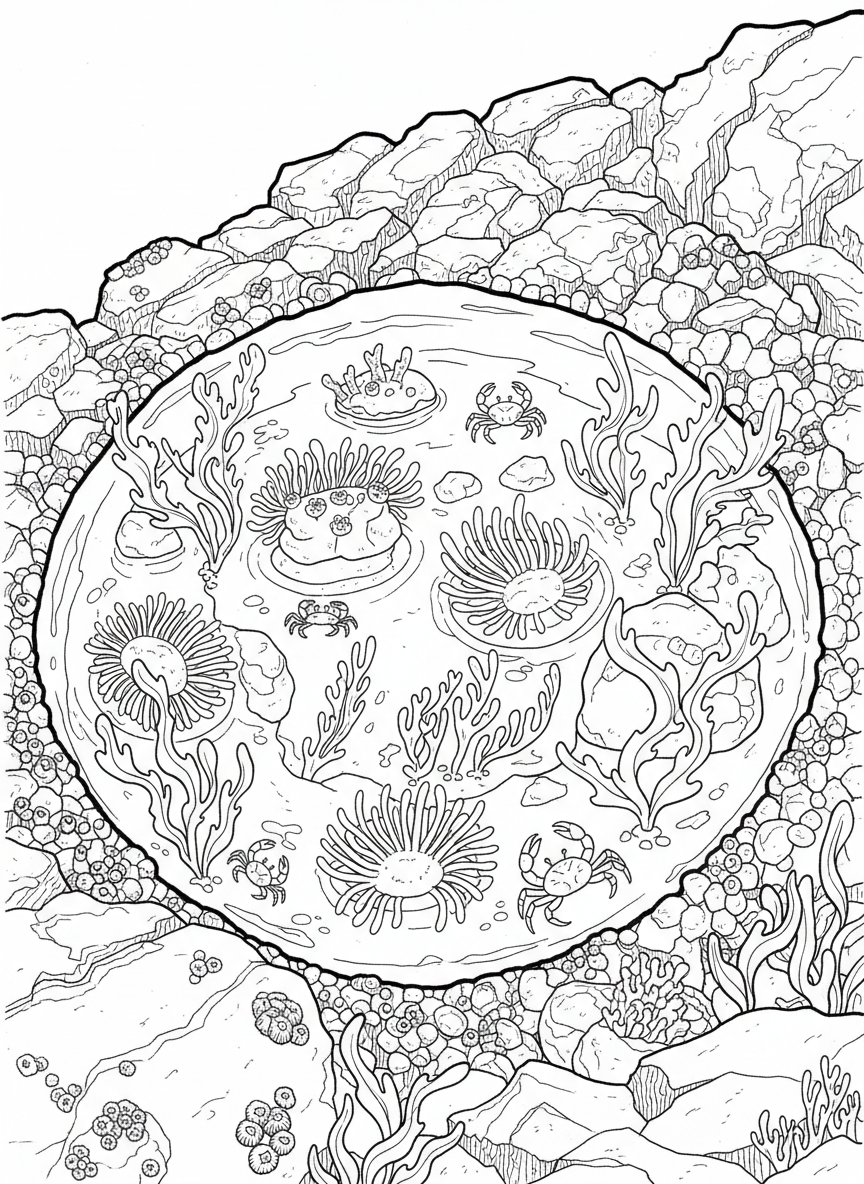 A tide pool from above showing the circular pool with rocks, anemones, small crabs, and seaweed creating a complete ecosystem.