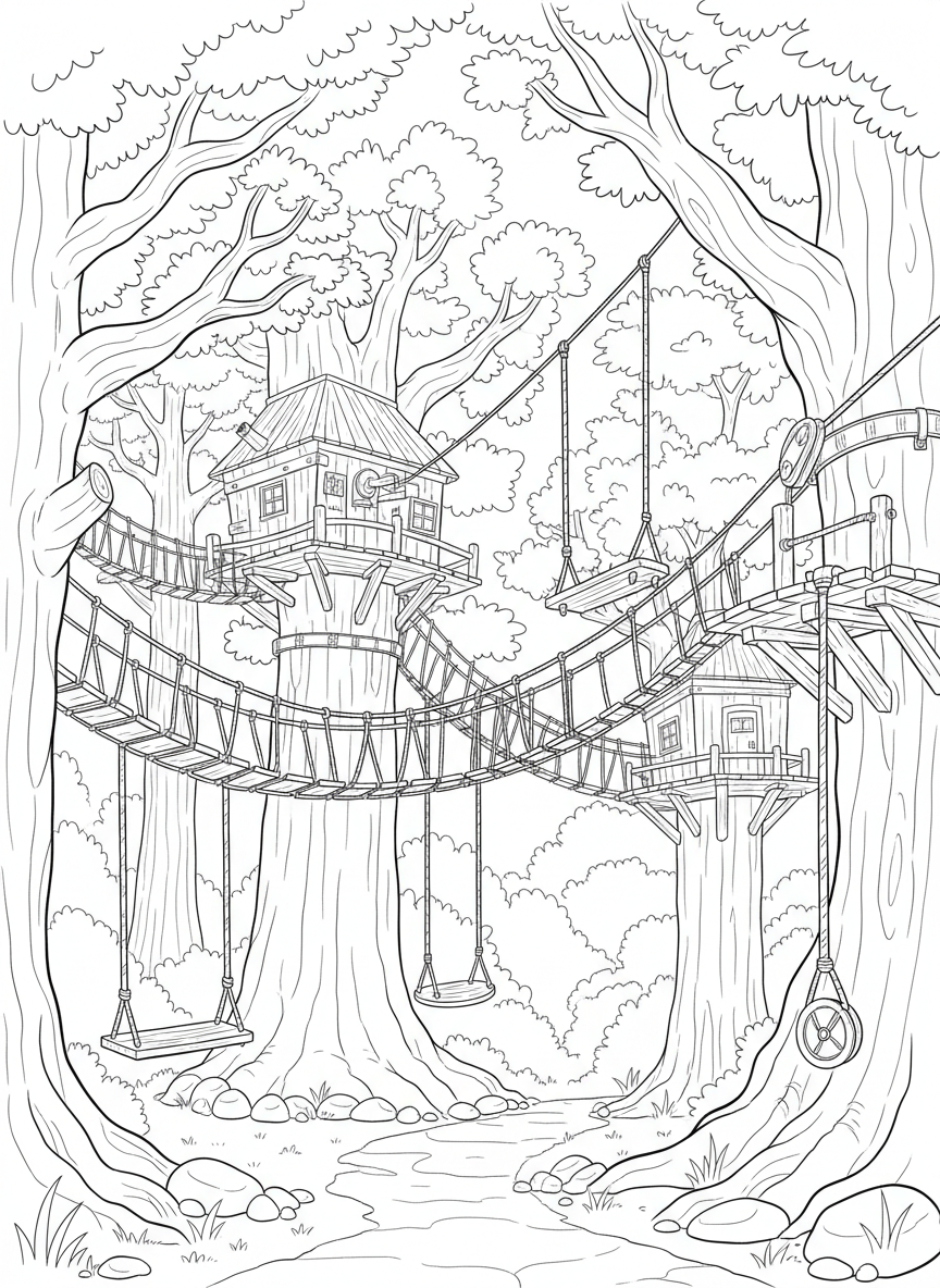 A treehouse village with connected platforms, multiple rope swings at different heights, and a zip line attachment point.