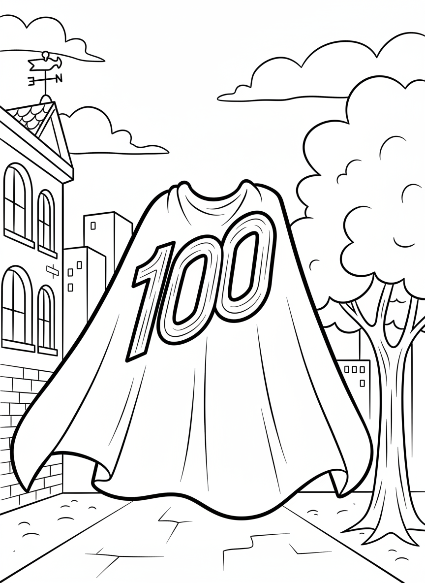 A superhero cape with a large 100 emblem on the back, celebrating 100 days of being super students