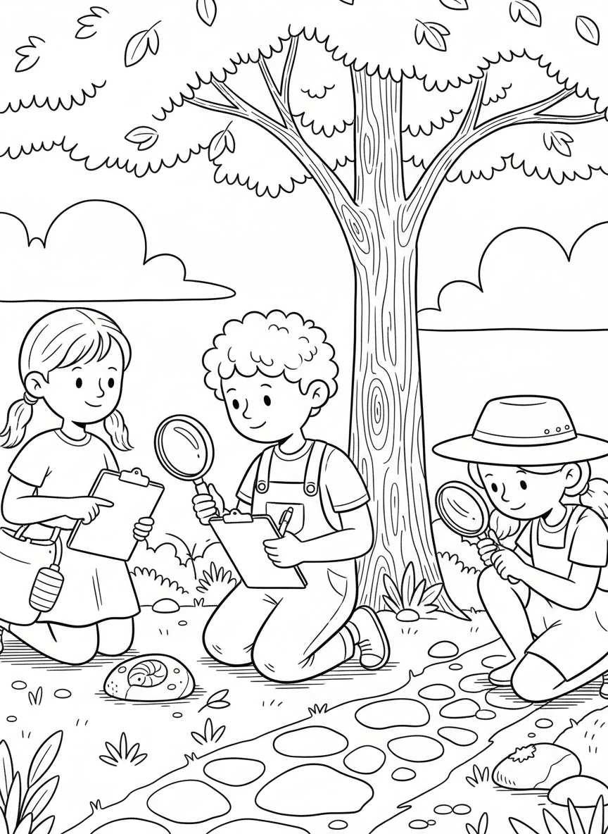 A nature scavenger hunt scene with children holding clipboards and magnifying glasses, examining leaves and rocks.