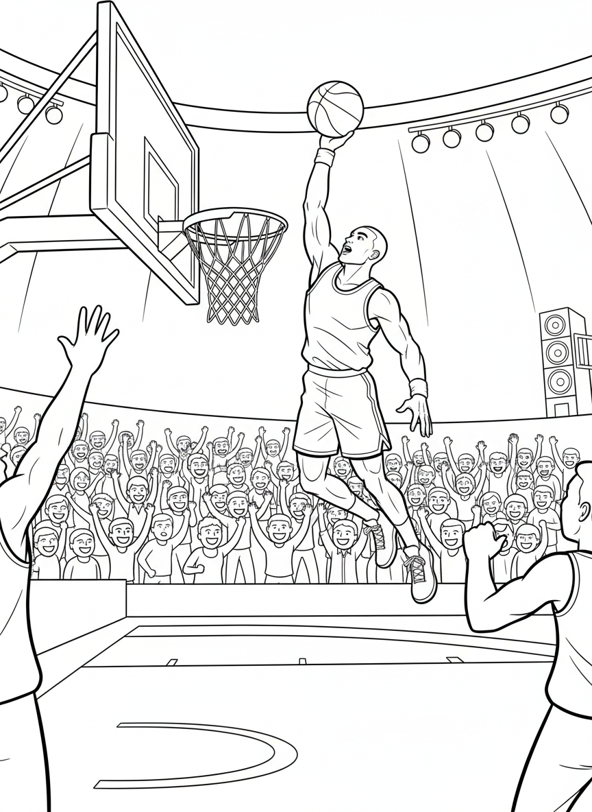 A basketball player jumping high to make a slam dunk through the hoop, with a cheering crowd in the background, simple line art for coloring.