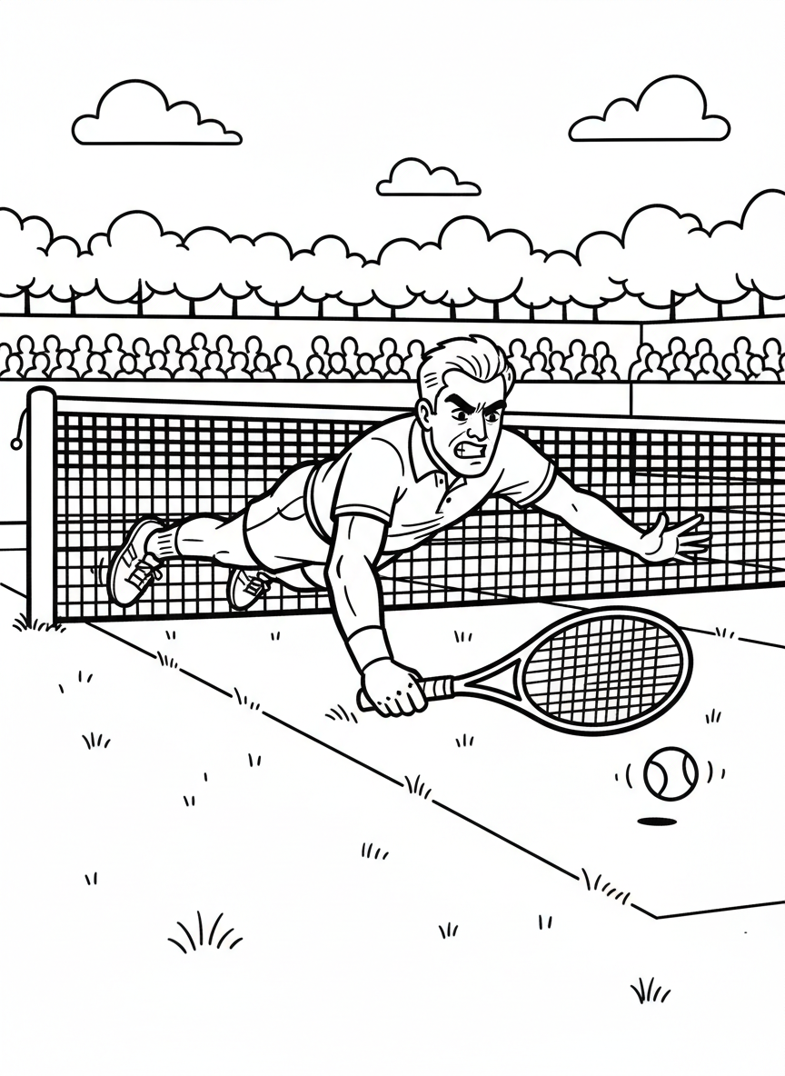 A tennis player diving to reach a low ball on the grass court, showing athletic action and determination.