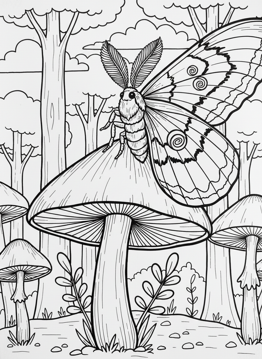 An origami emperor moth with feathery antennae and elaborate wing eyespots, perched on a mushroom